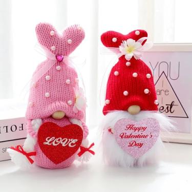Imagem de KLS Pacote com 2 gnomos para decoração de Dia dos Namorados, Gnomo de Dia dos Namorados feito à mão, presente para namorada, esposa, mulher, decoração de mesa (rosa e vermelho)