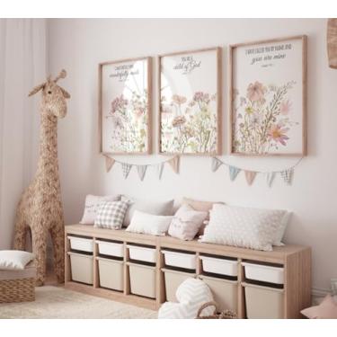 Imagem de Pôster de berçário de flores silvestres de 3 peças impressões vintage arte de parede versículo bíblico pintura em tela emoldurada para decoração de sala de estar cristã com moldura interna