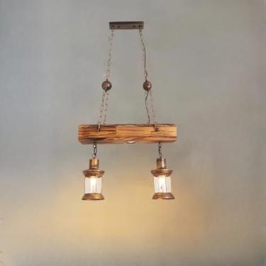 Imagem de Luminária pendente retrô de madeira, soquete E27, lustre linear para ilha de cozinha, mesa de jantar, estilo industrial vintage, luminária suspensa para sala de jantar, bar, escritório, cúpu