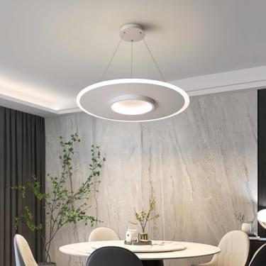 Imagem de Luminária pendente moderna com LED branco, dimerizável, para cozinha, sala de jantar, quarto, com controle remoto, altura ajustável, redonda, 45 cm, 39 W.