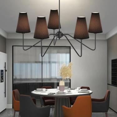 Imagem de Luminária pendente E14 estilo industrial retrô com cúpula de tecido artístico, 5 lâmpadas, altura ajustável, para sala de jantar, sala de estar, café, cozinha, bar, lustre (D)