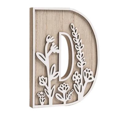 Imagem de caiydramy Letras de madeira florais pintáveis em camadas 3D para decoração de parede, letras do alfabeto de 12,4 cm para artesanato, letra D, decoração de mesa, placa de nome de berçário boho