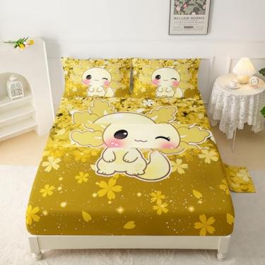Imagem de QOOMO Jogo de lençol infantil com desenho animado de animais Kawaii, leve para todas as estações, amarelo para decoração de quarto, 1 lençol com elástico, 1 lençol de cima, 2 fronhas