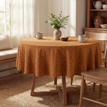 Imagem de Horaldaily Toalha de mesa redonda caramelo, toalha de mesa bordada texturizada sólida cross-star, lavável sem rugas, 152 x 152 cm, capa de mesa para cozinha, festa, casamento, piquenique, ao ar livre