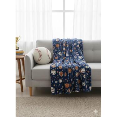 Imagem de Cobertor esportivo infantil macio All-Star, 127 cm x 178 cm de lã de pelúcia grande – estampa de campeão azul marinho com beisebol, hóquei, futebol e futebol americano – Roupa de cama multiesportiva