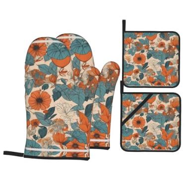 Imagem de Conjunto de luvas de forno estampadas com flores e plantas, conjunto de 4 peças adequado para grelhar, cozinhar e assar