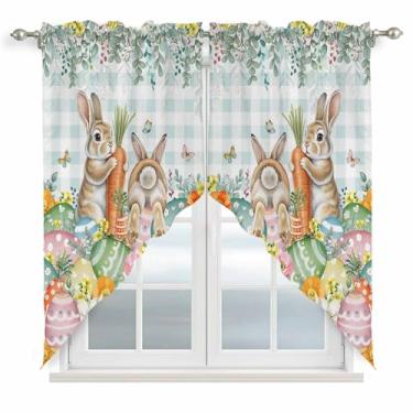 Imagem de Cortinas de cozinha para janelas com estampa de coelhinho cenoura e flores, folhas de ovos, folhas azuis, xadrez, 2 painéis, cortinas para cozinha, sala de estar, quarto, decoração 71 x 91 cm