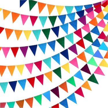 Imagem de 6 cordas 72 peças bandeiras coloridas de feltro de arco-íris com guirlanda de festa de fita, faixa de feltro multicolorida, bandeiras triangulares, decoração de festa para aniversário/Natal