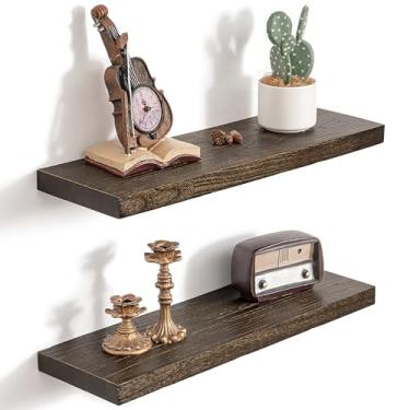 Imagem de Prateleiras flutuantes de 61 cm para parede, prateleiras de madeira maciça de 20 cm D para armazenamento de decoração, prateleiras de parede rústicas com suportes resistentes invisíveis para sala de