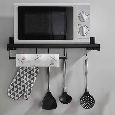 Imagem de EESHHA Organizador de cozinha, de alumínio, preto, suporte na parede, para micro-ondas, suporte para forno, com 5 ganchos, organizador de cozinha - 53 x 38 x 8 cm - versátil com economia de espaço