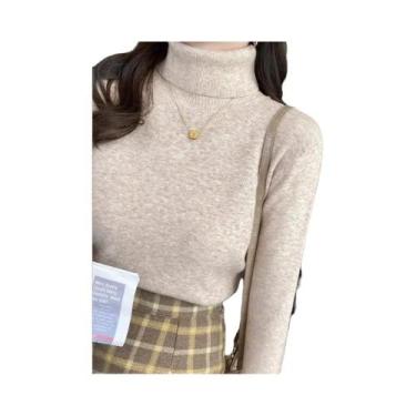 Imagem de Suéter Feminino Slim Fit De Cor Sólida Com Gola Alta, Manga Longa, Cas