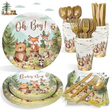 Imagem de Conjunto de festa Woodland Baby Shower para 25 convidados com pratos e