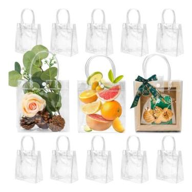 Imagem de 10 Sacolas Presente Transparente 28x20 Bolsa PVC Alça Botão Sacolinha 