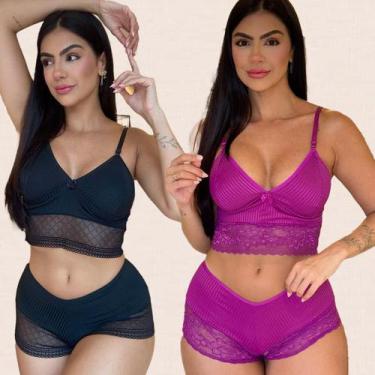 Imagem de Kit 2 Conjuntos Lingerie Canelado Confotavél Delicado Sem Bojo Shorts 