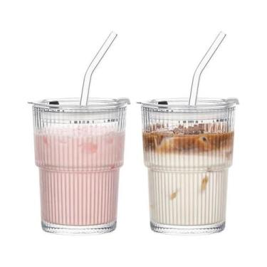 Imagem de Copo De Vidro Transparente De 450ml Com Tampa E Canudo Para Café Gelad