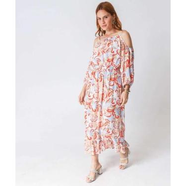 Imagem de Vestido Midi Feminino Open Shoulder Estampado Marisa B-58459, Bege, P
