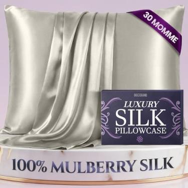 Imagem de DECOLURE Fronha 100% seda pura de amoreira tamanho padrão – mais alto grau 30 Momme 6A+, fronha de seda luxuosamente macia e refrescante para cabelo e pele, hipoalergênica, respirável, zíper oculto
