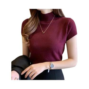 Imagem de Camiseta Feminina De Malha Slim Fit Com Gola Alta, Manga Curta, Casual