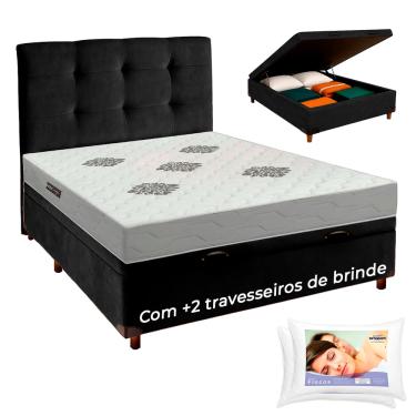 Imagem de Kit Cama Box Bau + Cabeceira + Colchão Casal ISO100 Confort Premium + 2 Travesseiros Ortobom