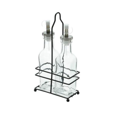 Imagem de Cj 2 Galheteiros de Vidro 200ml C/Suporte de Metal Preto 11x6x23cm Lyor
