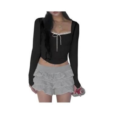 Imagem de Top Cropped Rosa Com Laço Para Mulheres, Camiseta Casual Com Gola Quad