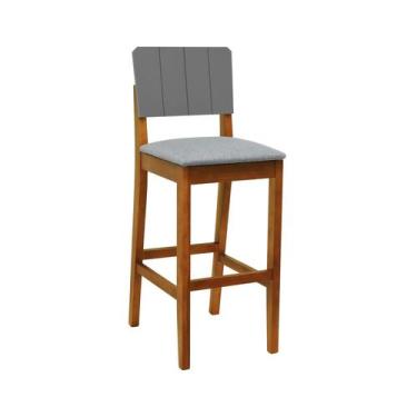 Imagem de Banqueta Alta Bistrô Linhas Madeira Maciça Encosto MDF Laqueado Cinza 