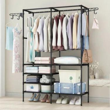 Imagem de Arara Dupla Closet Sapateira Cabideiro C/ Prateleiras Preto - Guarda R