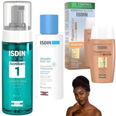 Imagem de Kit Isdin Espuma Gel Banho Corporal Protetor Solar Cor Escura Facial E