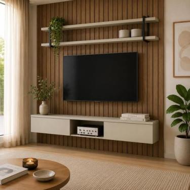 Imagem de Painel Ripado para TV com Prateleira e Nicho 200cm 100% MDF - Casa Lar