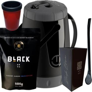 Imagem de Kit Para Tereré Garrafa Lisa Black Erva Mate 500g Copo Cuia Quadrado A