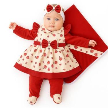 Imagem de Saída Maternidade Luxo Menina 05 Peças Pompom Roupas de Bebê, Vermelho