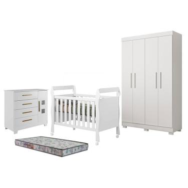 Imagem de Kit Quarto de Bebê Guarda Roupa Florida com Cômoda Fly e Berço Soninho com Colchão Sleep 4 Portas 3 Gavetas MDF Branco