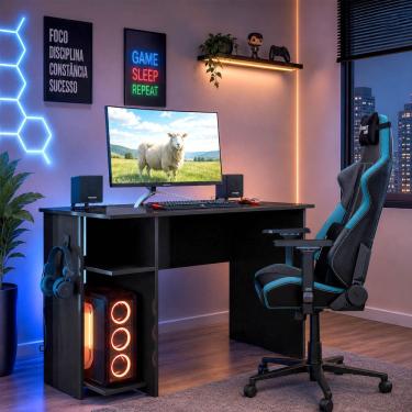 Imagem de Mesa Gamer Retangular Nitro Moderno sem Gavetas MDP 114CM Preto Loja Sheep