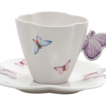 Imagem de Conjunto 6 Xícara Chá Porcelana Pires Borboletas 200Ml Wollf