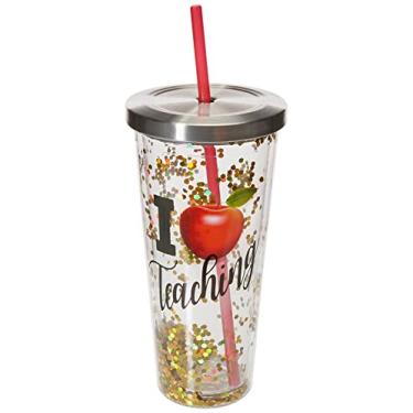 Imagem de Spoontiques - Copo de acrílico preenchido com glitter – Copo com glitter com canudo – 590 ml – Tampa de bloqueio de aço inoxidável com canudo – Parede dupla isolada – Livre de BPA – Professor – Dourado