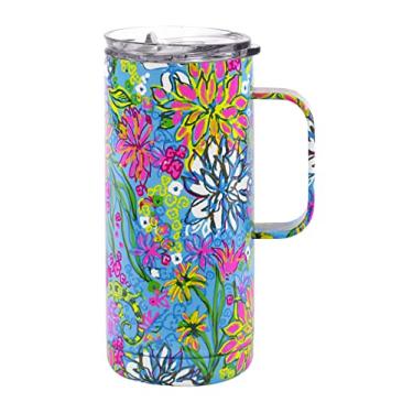 Imagem de Lilly Pulitzer Caneca de viagem de 473 ml com alça e tampa, copo de café isolado de aço inoxidável, copo de metal de parede dupla, caminhada no sol