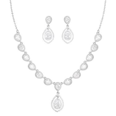 Imagem de YYSuniee Conjunto de joias de dama de honra de zircônia cúbica em forma de gota para casamento moderno conjunto de brincos vazados e colar para presente feminino, Latão, Zircônia cúbica