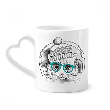Imagem de Fone de ouvido chapéu de lã branco gato proteger caneca animal café cerâmica copo de coração de vidro