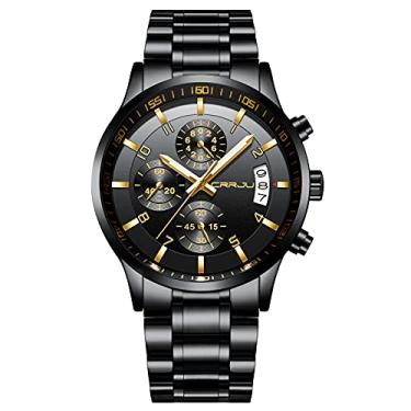 Imagem de CRRJU Moda Relógio De Pulso Inoxidável Para Homem De Aço Inoxidável, Calendário À Prova D'Água, Com Cronógrafo, Preto 42 Mm Preto Ouro