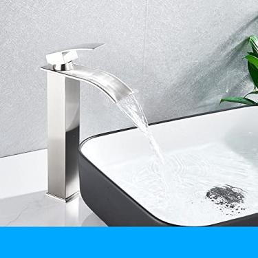 Imagem de Torneira para lavatório em cascata preta fosca Torneira de lavatório de alça única Misturador de água quente e fria para lavatório de banheiro Torneira misturadora, alta, escova de níquel