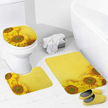Imagem de Conjunto de tapetes de banheiro e 3 peças de fundo amarelo girassóis, tapete de banheiro de espuma viscoelástica, lavável, antiderrapante, tapete de contorno e tampa para banheiro