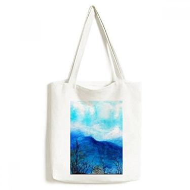 Imagem de Bolsa de lona com pintura de montanha azul bolsa de compras casual bolsa de mão