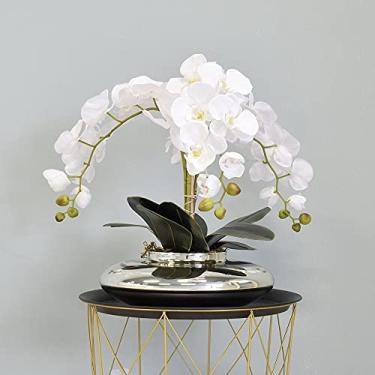 Imagem de Arranjo de Flores Artificiais | Orquídeas Brancas Artificial no Vaso Terrário Prateado