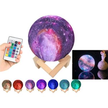 Imagem de ML Luminária Galaxy Lua Cheia 3D USB Touch 15cm Abajur C15b - Lâmpada LED Multicolorida de Mesa com Controle Remoto e Toque