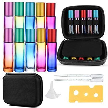 Imagem de Frascos de vidro para óleo essencial com saco de transporte, frascos de vidro Rainbow Roll on de 10ml, frasco de óleo de perfume com recipiente recarregável de 10 unidades (1 conta-gotas, 1 funil, 199 rótulos, 1 abridor de garrafas)