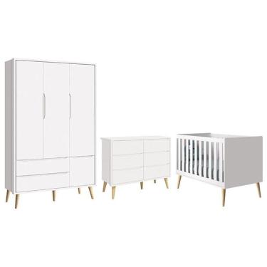 Imagem de Dormitório Completo Infantil Theo 3 Portas, Cômoda 6 Gavetas e Berço com Pés Madeira Natural - Reller Móveis
