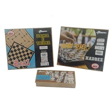 Imagem de Kit 3 Jogos Passatempo Dama/Trilha, Xadrez e Dominó Resistente com Estojo