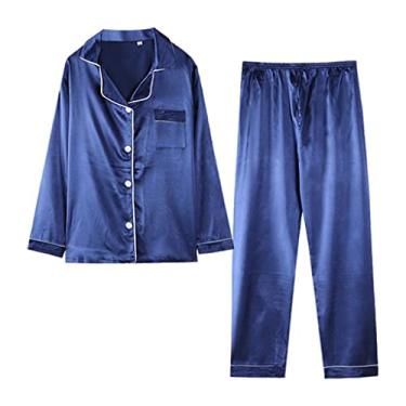 Imagem de Pijama de seda feminino de seda gelo manga longa sexy cetim pijama conjunto de duas peças (cor: A, tamanho: código M)