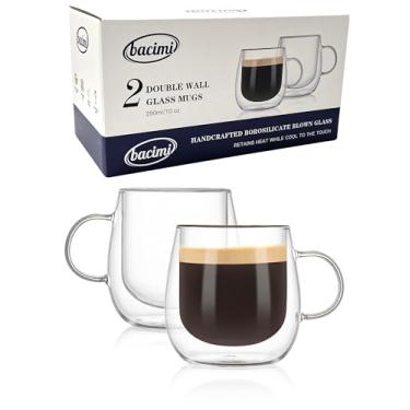 Imagem de Bacimi® Canecas de café isoladas de parede dupla (conjunto de 2 / 293 ml) - Caneca de borossilicato transparente com alça - Copos térmicos para café expresso, cappuccino, latte, chá, bebidas quentes,