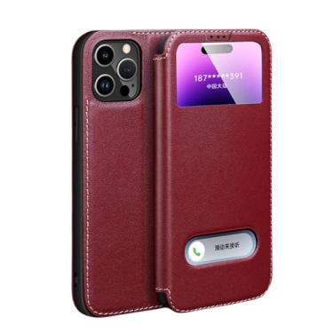 Imagem de Para iPhone 14 Case Couro Genuíno Clear View Janela Magnética Flip Cover, Vinho Tinto, Para iPhone 14